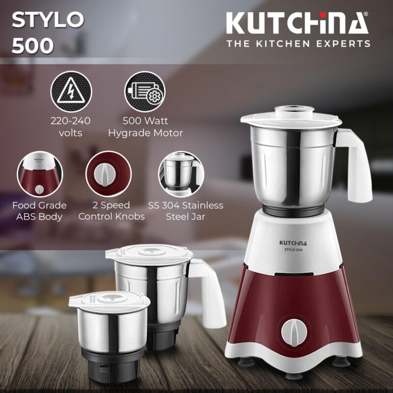 Kutchina Stylo 500 Hygrade Motor Mixer Grinder 500 Watt with 3 Jars (Liquidizing, Wet Grinding, Chutney Jar) | Stainless Steel Blades | Mixer Grinder 500+ Watt | 2 Years on Product - Image 7