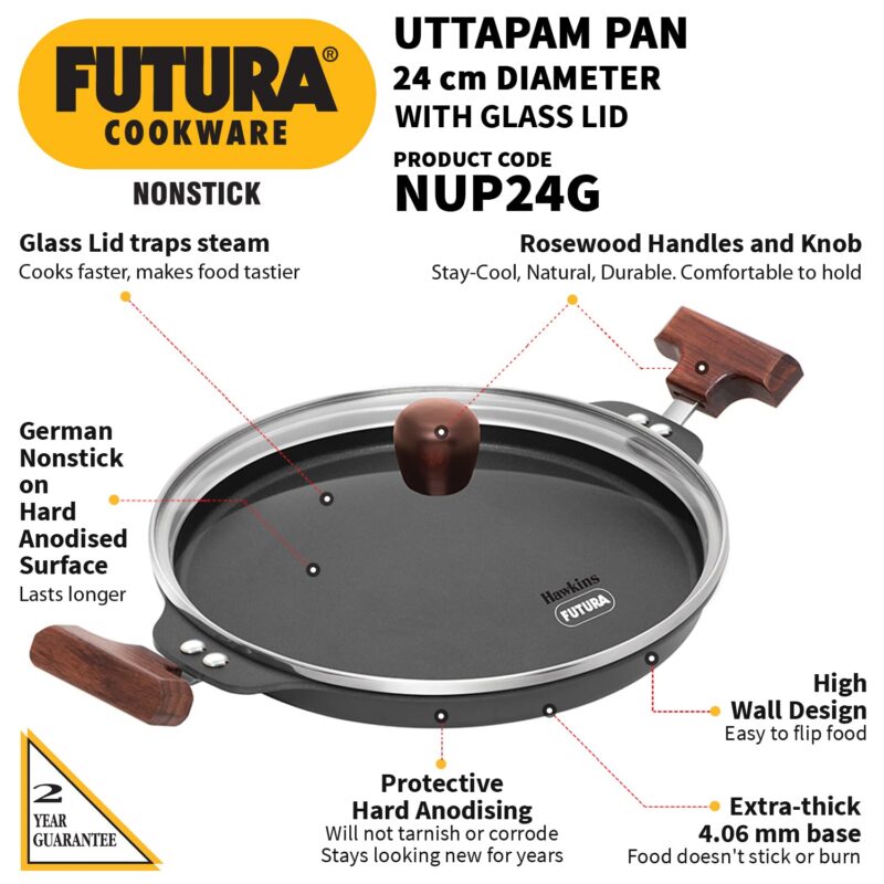 Hawkins Futura 24 cm Uttapam Pan, Pancake Tava, Non Stick Uttapa Tawa, Pancake Pan, Snack Maker, Black (NUP24G) - Image 8