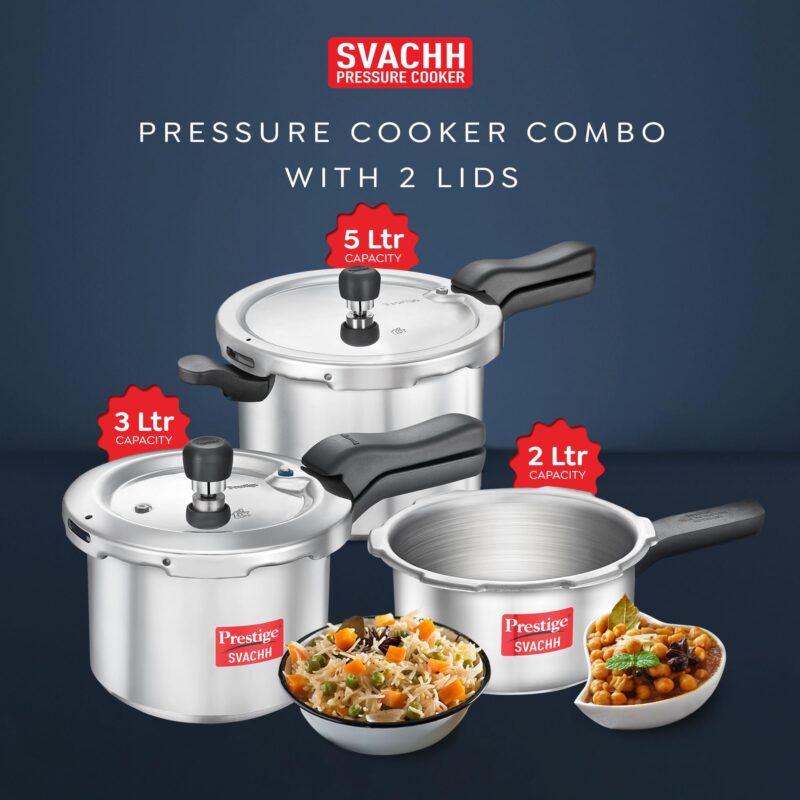 Prestige 2L+3L+5 Litres Svachh Outer Lid Aluminium Combo Pressure Cooker with 2 Lids |Deep Lid Controls Spillage | Gas & Induction Compatible | Anti-Bulge Induction Base| Gasket-release system - Image 5