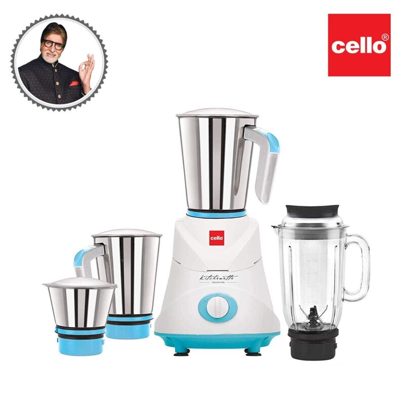Cello Grind-N-Mix Elite Mixer Grinder, 500 Watts, 3 Stainless Steel Jar and 1 Juicer Jar, Blue and White - Image 7