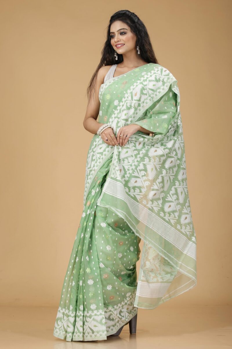 OISHANI SAREE GHOR Women's Traditional Bengal Cotton Silk Soft Jamdani Saree - Beautiful design and Quality - Without Blouse Piece (Mint Green) - Image 7