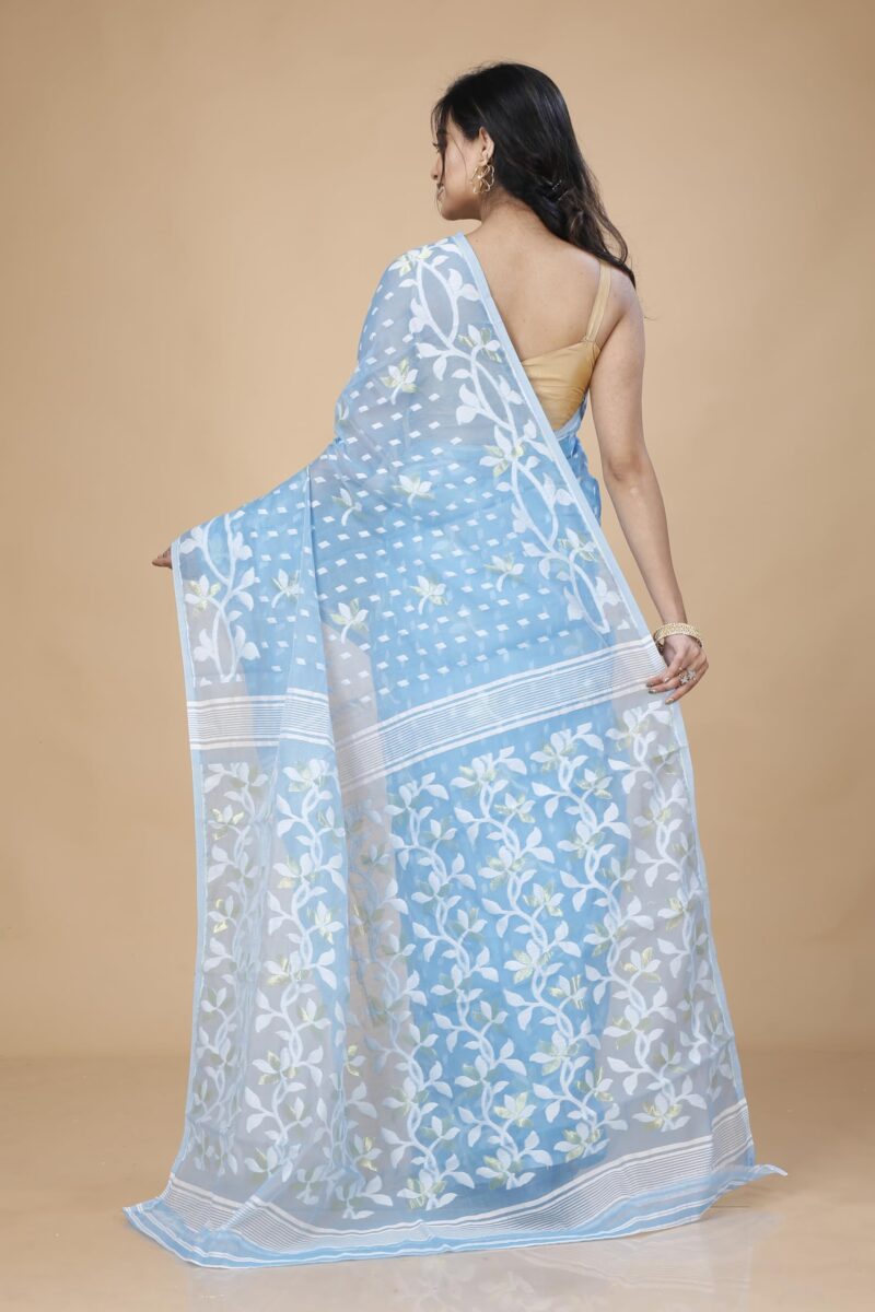OISHANI SAREE GHOR Women's Traditional Bengal Cotton Silk Belpata Jamdani Saree (Sky Blue) - Image 4