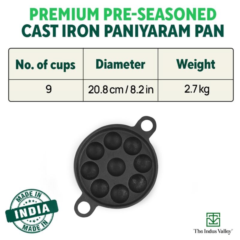 The Indus Valley Super Smooth Cast Iron Paniyaram Pan | Small, 9pit, 8.2 Inch/20.8cm, 2.7kg | Induction Friendly | Nonstick, Pre-Seasoned, 100% Pure & Toxin-Free, No Chemical Coating, Black - Image 10