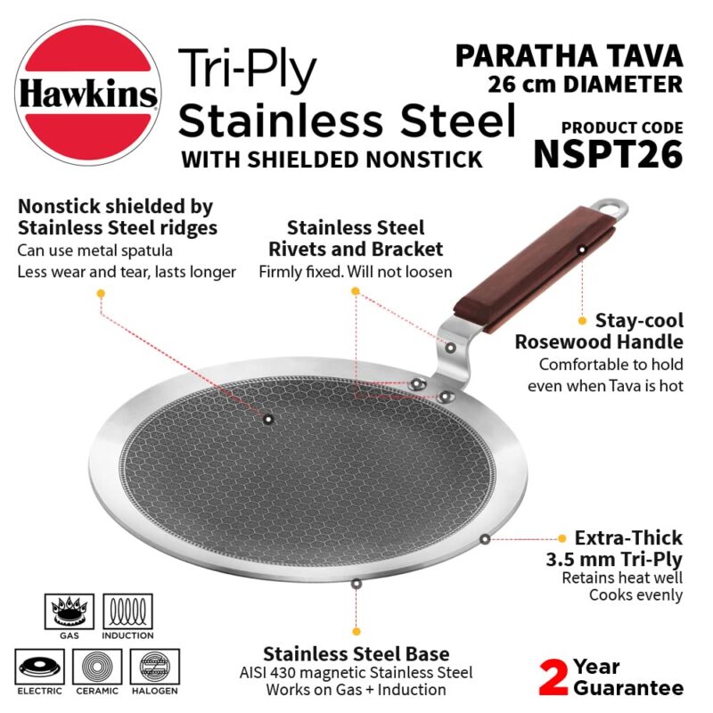 Hawkins 26 cm Paratha Tava, Triply Stainless Steel Shielded Nonstick Tawa with Rosewood Handle, Honeycomb Non Stick Induction Tawa, Silver (NSPT26) - Image 9