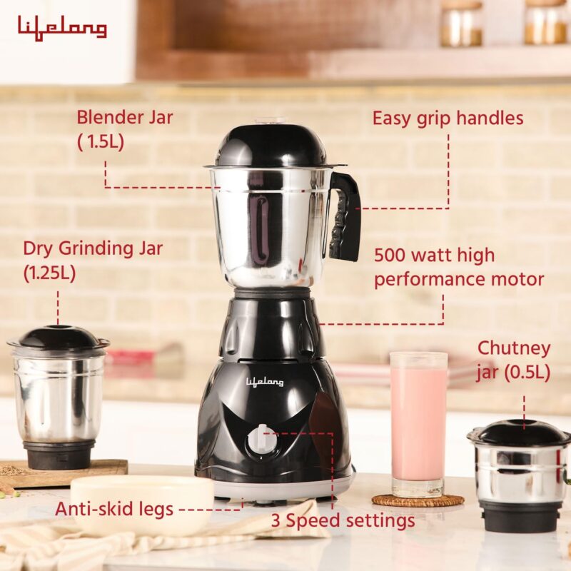 Lifelong Mixer Grinder for Kitchen - 3 Jars 500 Watt Mixie - Chutney Jar, Dry Grinder Jar & Liquidizing Jar used as Wet Grinder & Blender for Milkshake, Smoothie, Puree -Stainless Steel Blades(LLMG23) - Image 4