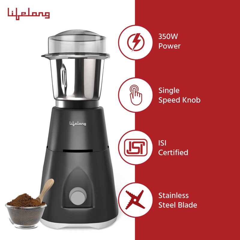 Lifelong Uno LX 350 Watt Mixer Grinder, 1 Jar | ABS Body, Stainless Steel Blade (1 Year Warranty, Grey) - Image 4