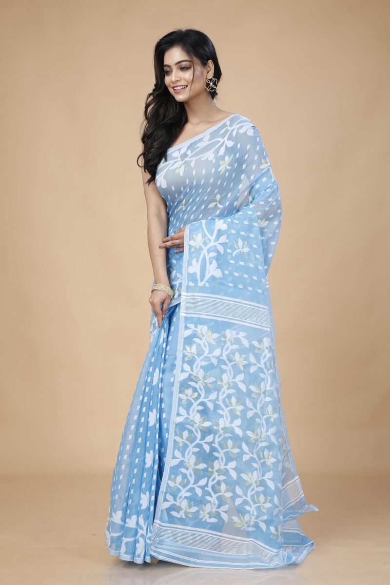 OISHANI SAREE GHOR Women's Traditional Bengal Cotton Silk Belpata Jamdani Saree (Sky Blue) - Image 5