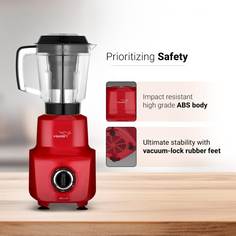 V-Guard Brillio 750 Watt Juicer Mixer Grinder, 3 Year Motor Coverage by V-Guard, 4 Jars(Chutney, Dry, Wet & Juicer), Sturdy Juicer Jar With Quadraflow Design, Precisionblend Ss Blades, Mars Red - Image 2