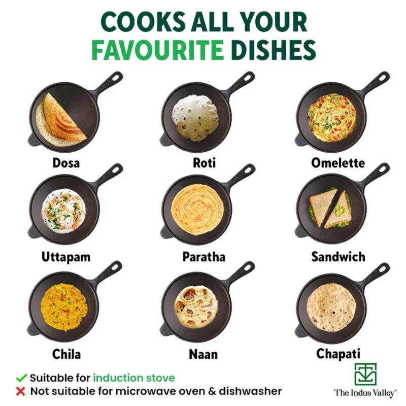 The Indus Valley Super Smooth Cast Iron Tawa for Dosa/Chapathi | 25.4cm/10 inch, 1.8kg | Induction Friendly | Naturally Nonstick, Pre-Seasoned Tawa, 100% Pure & Toxin-Free, No Chemical Coating - Image 4