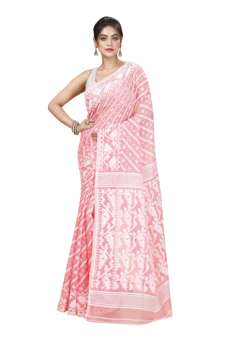 Tant Vastra Women’s Soft Resham Dhakai Karat Jamdani Saree without Starch And Without Blouse Piece (Peach)
