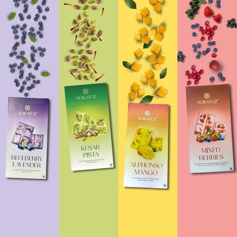 XOKATOZ Exotic Premium Chocolate - 1 Mixed Berries and 1 Kesar Pista Flavours - Flavoured White Chocolate Bars - Gift Set- Pack of 2, 150g (75g x 2) - Image 5