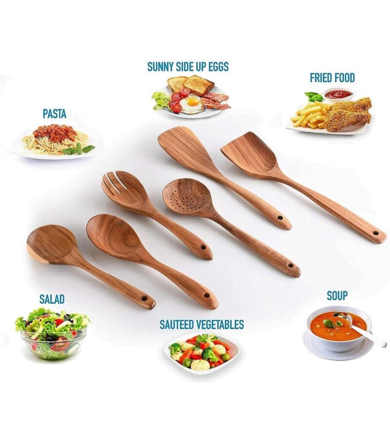 Uttam Essentials Wooden Cooking Utensil Set Non-Stick Pan Kitchen Tool Wooden Cooking Spoons and Spatulas Wooden Spoons for Cooking Salad Fork Cooking Spoon (Set of 6) - Image 5