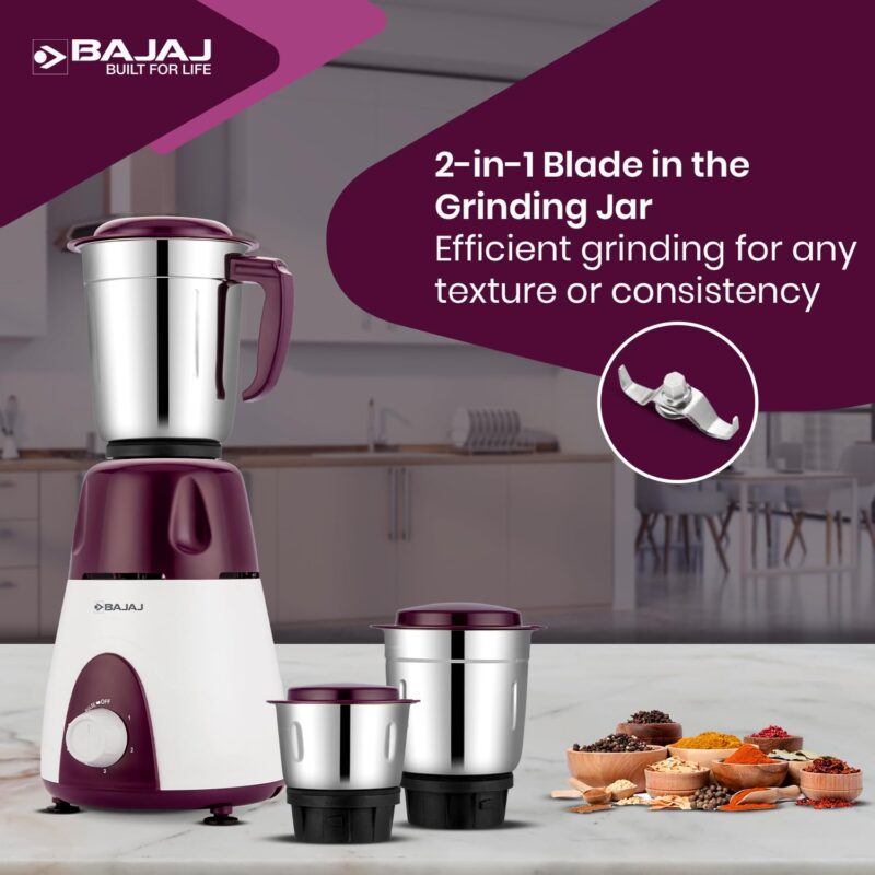 Bajaj Rex Mixer Grinder 500W|Mixie For Kitchen With Nutri-Pro Features|3 SS Mixer Jars For Heavy Duty Grinding|Adjustable Speed Control|Multifunctional Blade System|2 Year Warranty By Bajaj|Purple - Image 3