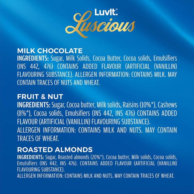 LuvIt. Luscious Milk Chocolates Bar | Combo Pack Of Milk, Fruit & Nut, Roasted Almond | Deliciously Smooth | Pack Of 18-852Gm - Image 4