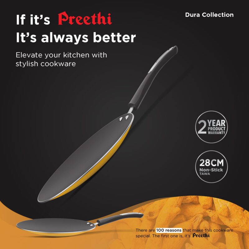 Preethi Dura Collection Non Stick Concave Tawa, 28 cm, Gas & Induction Compatible, 5 Star Non Stick Effect, Turmeric Yellow - Image 5