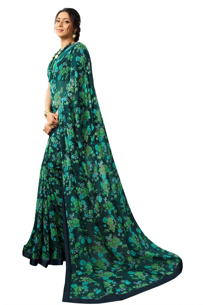 RAJESHWAR FASHION WITH RF Women's Georgette Floral Printed Saree For Women Jacquard Lace Border SareeWith Blouse(A38 BLUE FLOWER NEW 2_Free Size 6.30 Mtr)