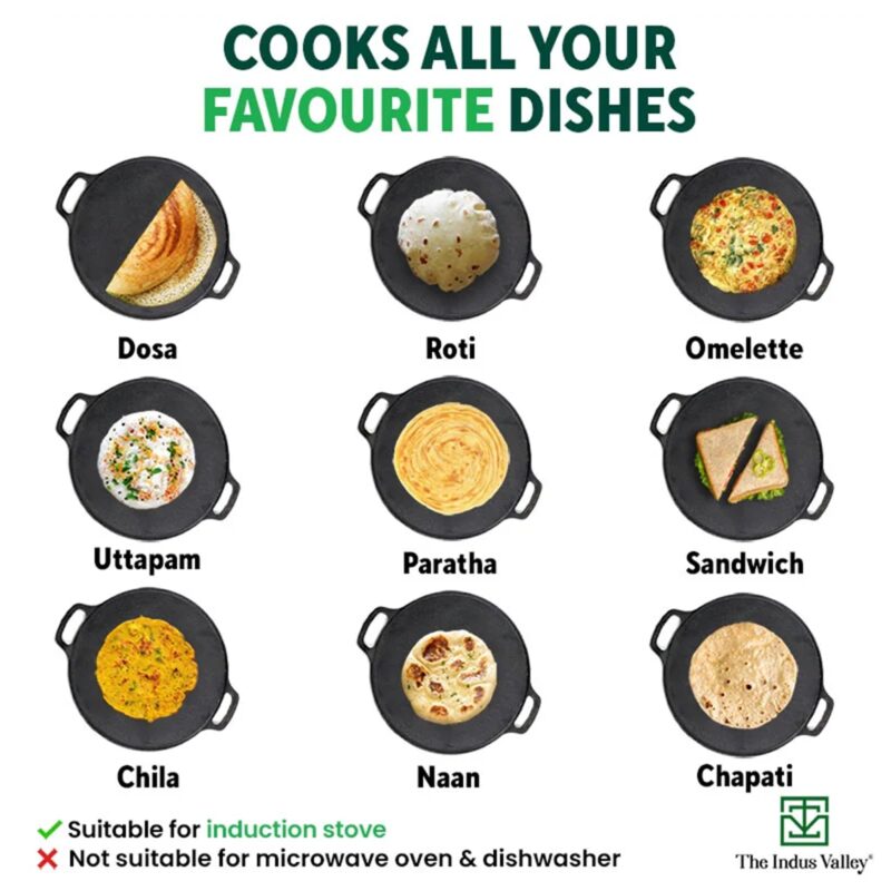 The Indus Valley Pre-Seasoned Cast Iron Tawa for Dosa/Chapathi | 30.2cm/11.8 inch, 2.4kg | Induction Friendly | Nonstick, Pre-Seasoned Tawa, 100% Pure & Toxin-Free, No Chemical Coating, Black - Image 4