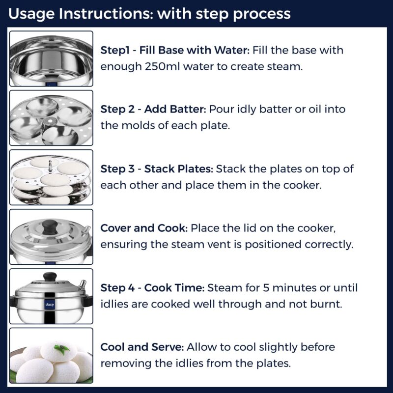 DACE Lite 3 Plate Ss Idli Cooker With Whistle Indicator | Idli Cooker Stainless Steel Pot Steamer| Steel Idli Maker With Silver Lid- 3 Plates- 12 Idlies, 0.5 Litre - Image 8