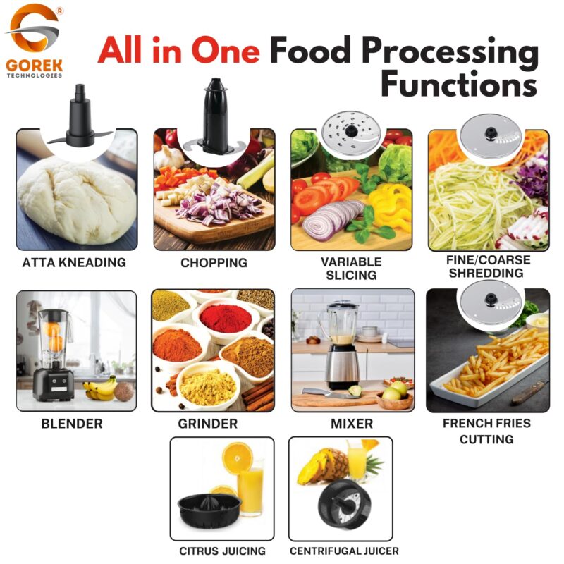 Gorek Technologies Gorek Food Processor Gt-Fp101-1300Watts Copper Motor, Enhanced Inlet And Bowl Size, Mixer Grinder, 13 Versatile Functions, 304 Stainless Steel Jars, And Premium Design And Finish. - Image 7