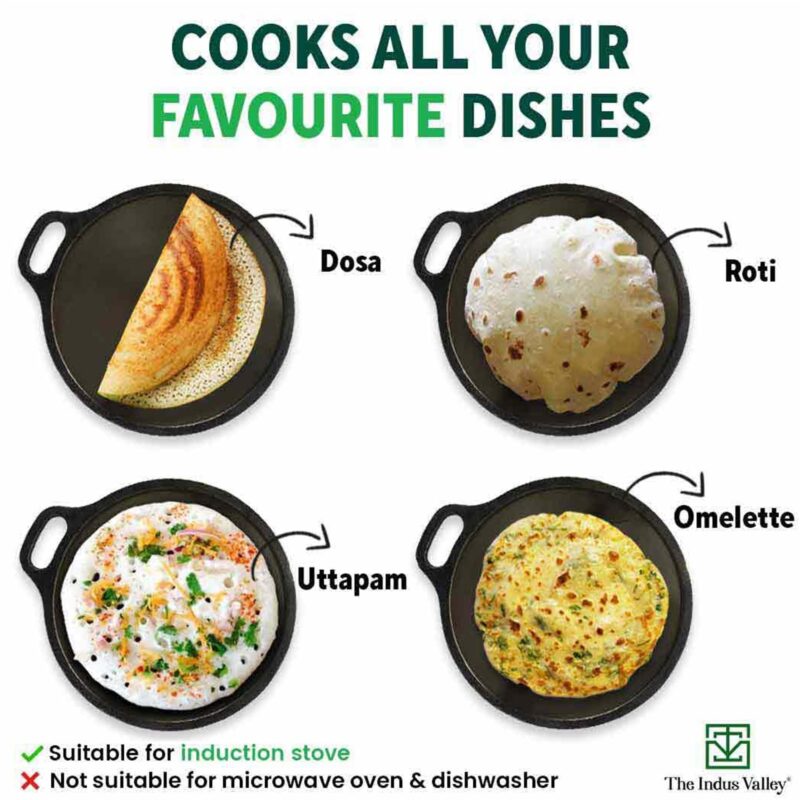 The Indus Valley Super Smooth Cast Iron Tawa for Dosa/Chapathi + Free Spatula | 30.5cm/12 inch, 3kg | Induction Friendly | Naturally Nonstick, Pre-Seasoned Tawa, 100% Pure & Toxin-Free - Image 2