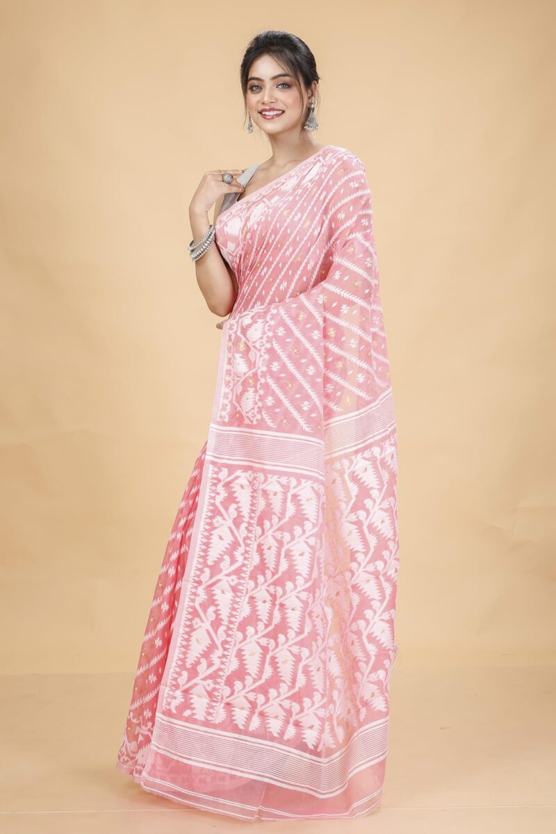 Tant Vastra Women’s Soft Resham Dhakai Karat Jamdani Saree without Starch And Without Blouse Piece (Peach) - Image 4