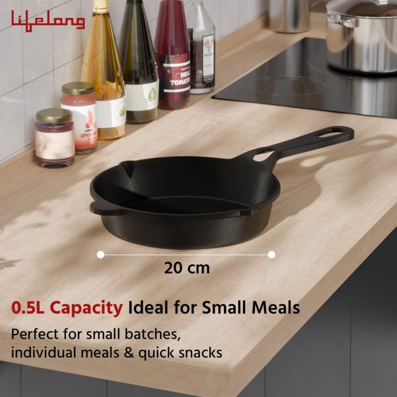 Lifelong Cast Iron Fry Pan 8 Inch (20mm) with Wooden Spatula | 2Ltr, 3kg Pan | Non-Stick Pre-Seasoned 100% Toxin & Teflon Free & Durable | Skillet for Cooking, Searing, Sautéing, & Frying - Image 3
