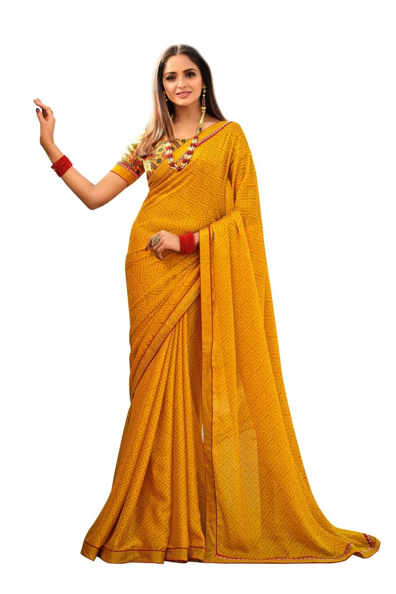 ROOP SUNDARI SAREES Women's Bandhej Printed Chiffon Silk Saree For Women With Embroidery Lace Border & Banglori Silk Blouse(Mustard,Gold_Multicolored_Free Size 6.30 Mtr)