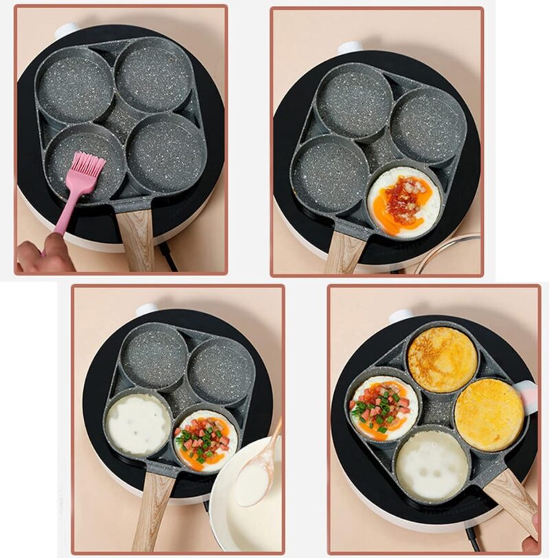 Cannagenix 4 Cups Egg Pan Omelette Pan Frying Pan Egg Frying Pan 4 Cup Crepe Pan Granite Egg Cooker Breakfast Pancakes Pan Suitable for Gas Stove & Induction Cookware (Wood Grain Handle) - Image 4