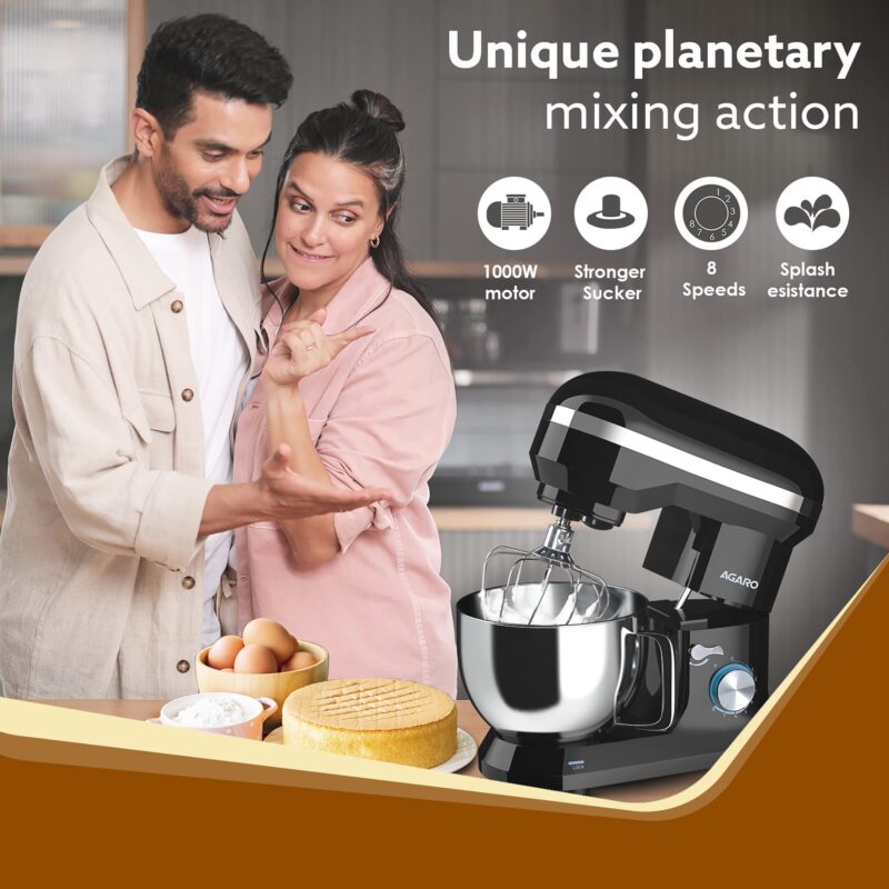 AGARO Royal Stand Mixer 1000W with 5L SS Bowl and 8 Speed Setting I Includes Whisking Cone, Mixing Beater & Dough Hook, and Splash Guard, 2 Years Warranty, (Black) - Image 6