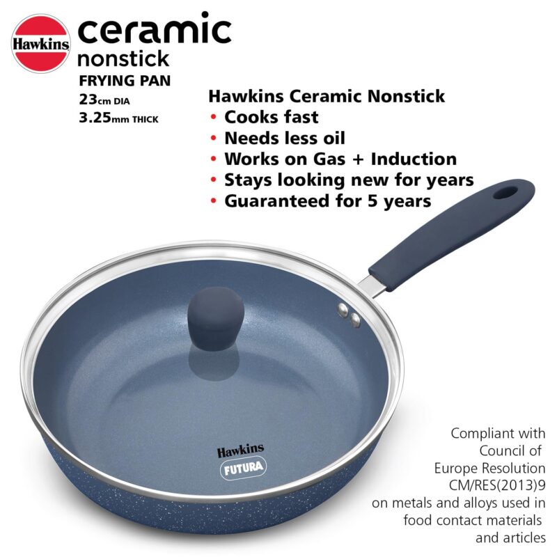 Hawkins Ceramic Nonstick Frying Pan, 24 cm Diameter, Induction Fry Pan with Glass Lid, Granite Omlette Egg Pan, Fish Pan, Blue (ICF24G) - Image 8