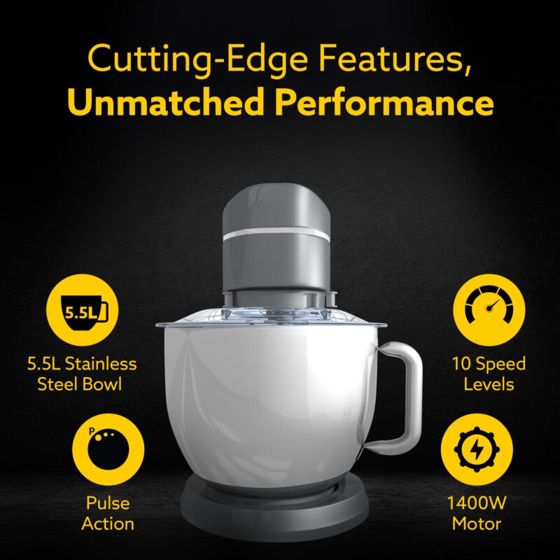 AGARO Elegant Stand Mixer, 1400W with 5.5L SS Bowl, 10 Speed Settings, Pulse Function, 100% Copper Motor, Includes Whisker, Beater, Dough Hook, Dark Grey - Image 2