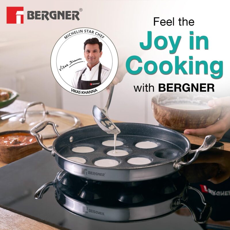BERGNER Argent Samsara Triply Stainless Steel 11 Pits (25cm) Round Paniyarakkal with Glass Lid, Paniyaram with Quantanium Non-Stick Coating, Consumes Less Oil, Healthy Cooking - Induction Compatible - Image 7