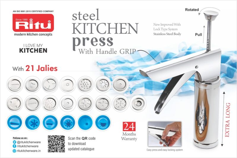 Ritu Stainless Steel Kitchen Press with Different Types of Jalies, Murukku Maker/Bhujiya Maker/Noodles/Cookies/Namkeen/Chakali Maker/Sev Maker/Farsan Maker/Gathiya Maker - Image 4