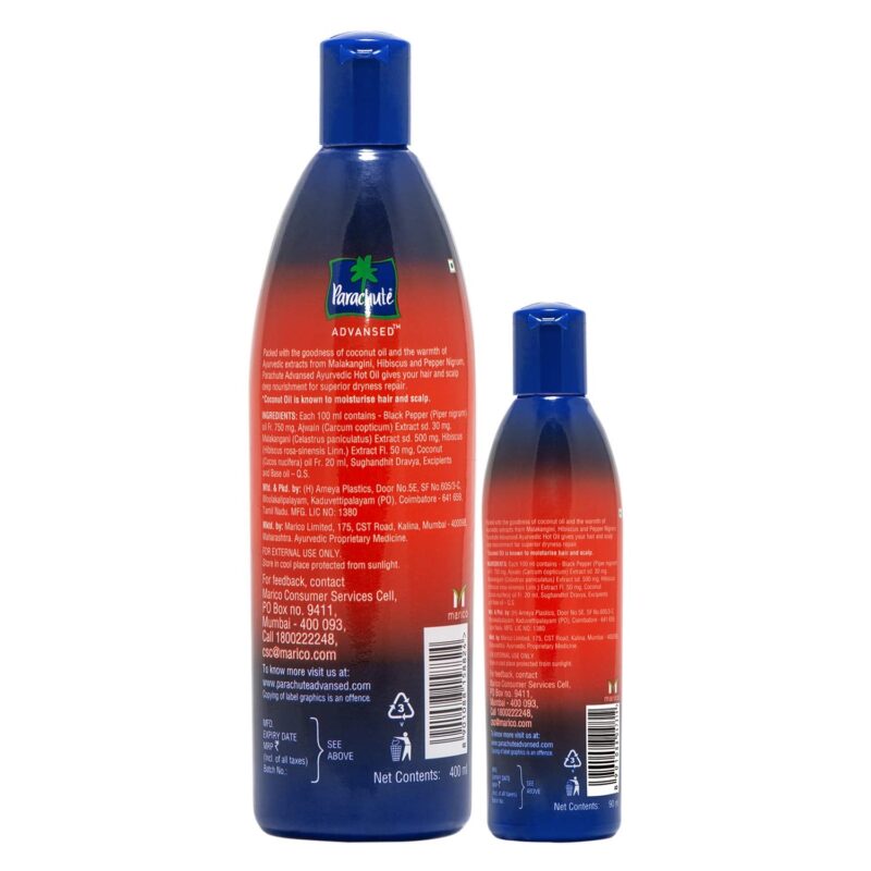 Parachute Advansed Ayurvedic Hot Oil 400 ml with Free 90 ml Pack - Image 2