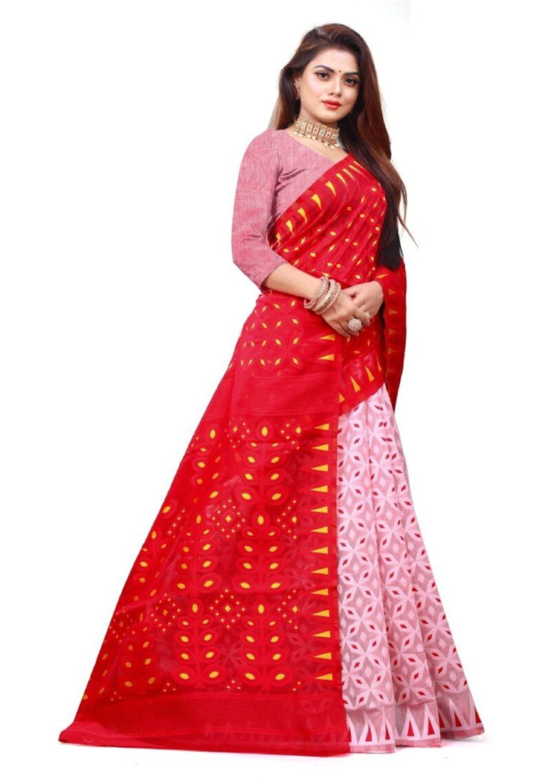 Women`s Bengal Handloom Tant Soft Dhakai Jamdani Cotton Saree Whole Body Design Without Blouse Piece (White Red) - Image 3