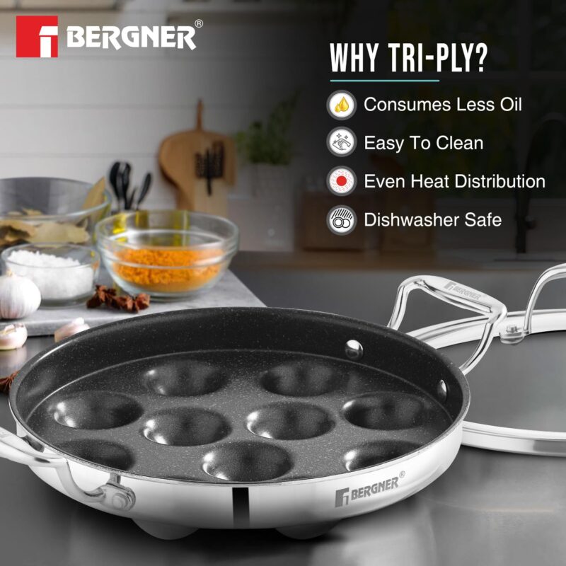 BERGNER Argent Samsara Triply Stainless Steel 11 Pits (25cm) Round Paniyarakkal with Glass Lid, Paniyaram with Quantanium Non-Stick Coating, Consumes Less Oil, Healthy Cooking - Induction Compatible - Image 5