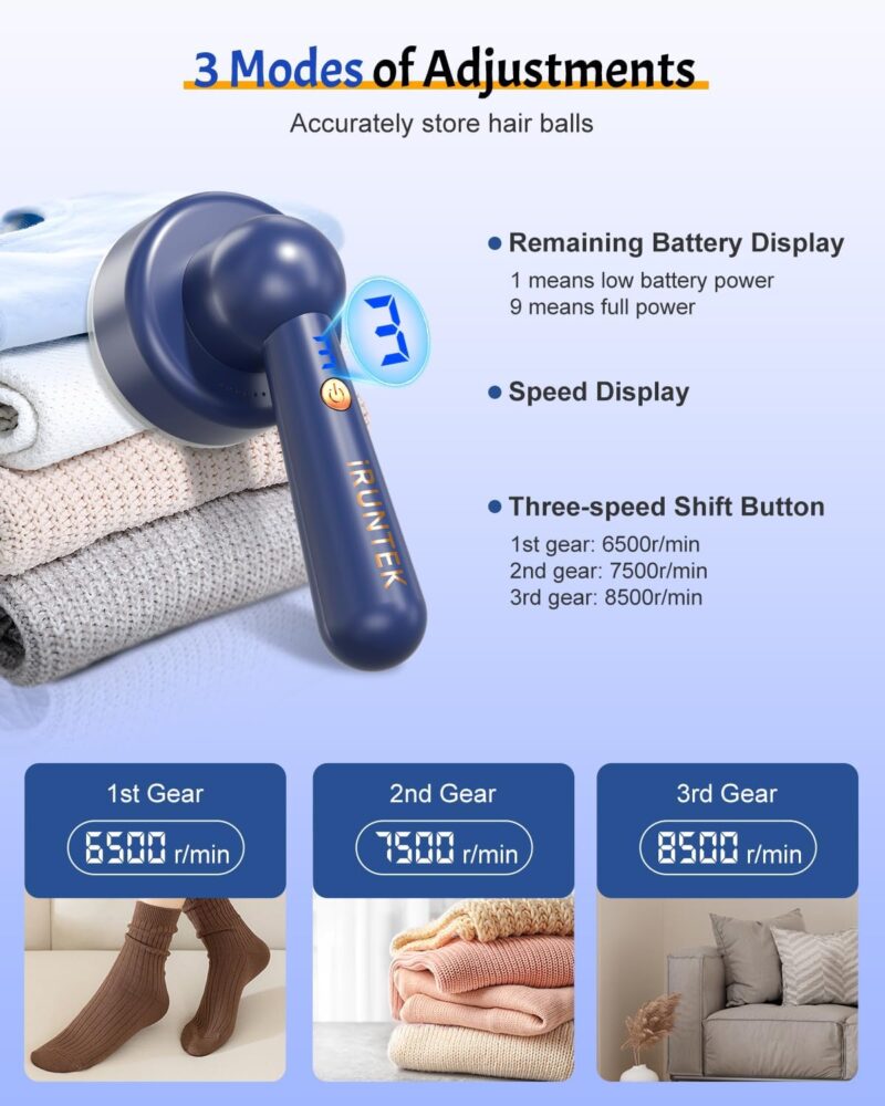 iRUNTEK Lint Remover, Rechargeable Fabric Shaver, Intelligent Digital Display Electric Lint Shaver with, Portable Sweater Shavers Lint Removal for Clothes (Blue) - Image 8