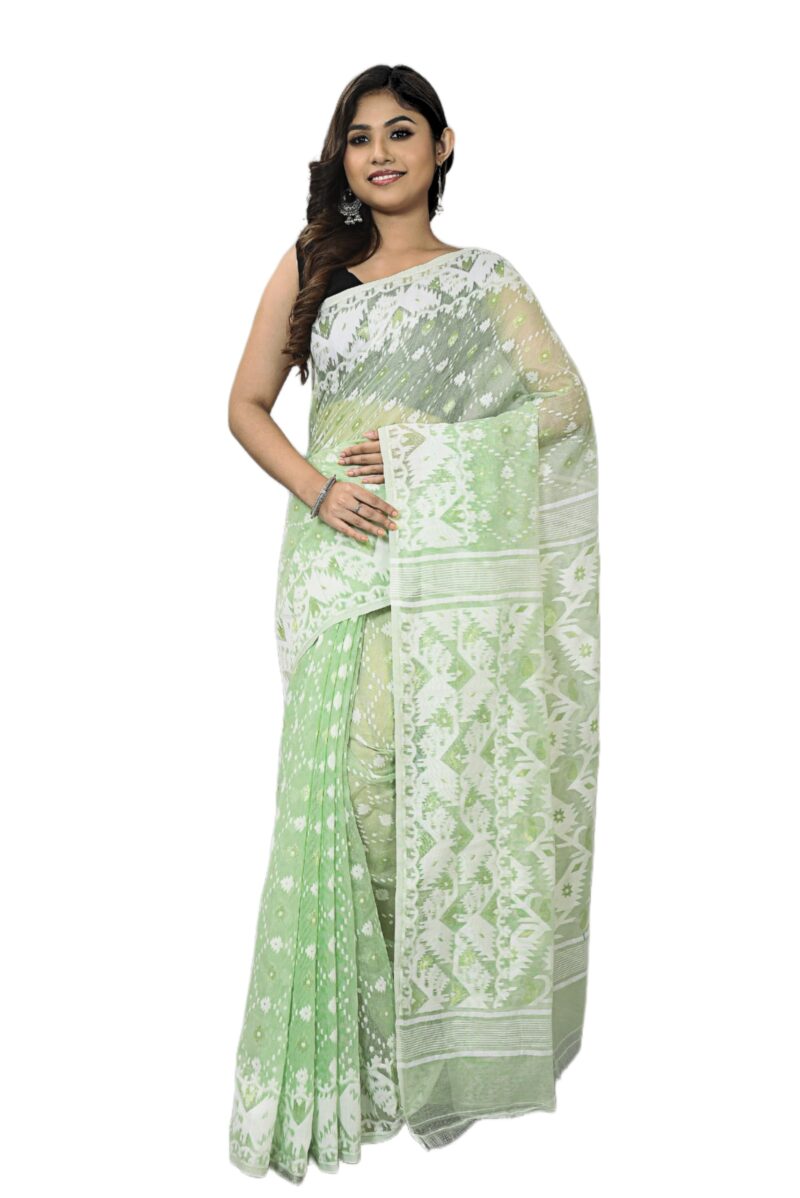 OISHANI SAREE GHOR Women's Traditional Bengal Cotton Silk Soft Jamdani Sarees (Off Green)