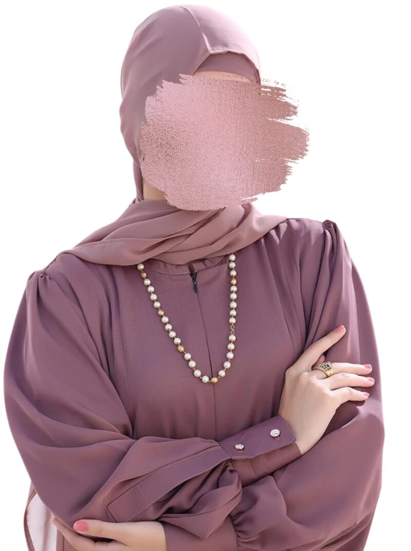 Musheco Designer Abaya Burqa in Firdaus Fabric | Zipper Opening on Yoke | Cuffed Sleeves with Buttons | Loose Fit | Comes with Pockets and Hijab (cop-031-PNK) (LARGE) - Image 5