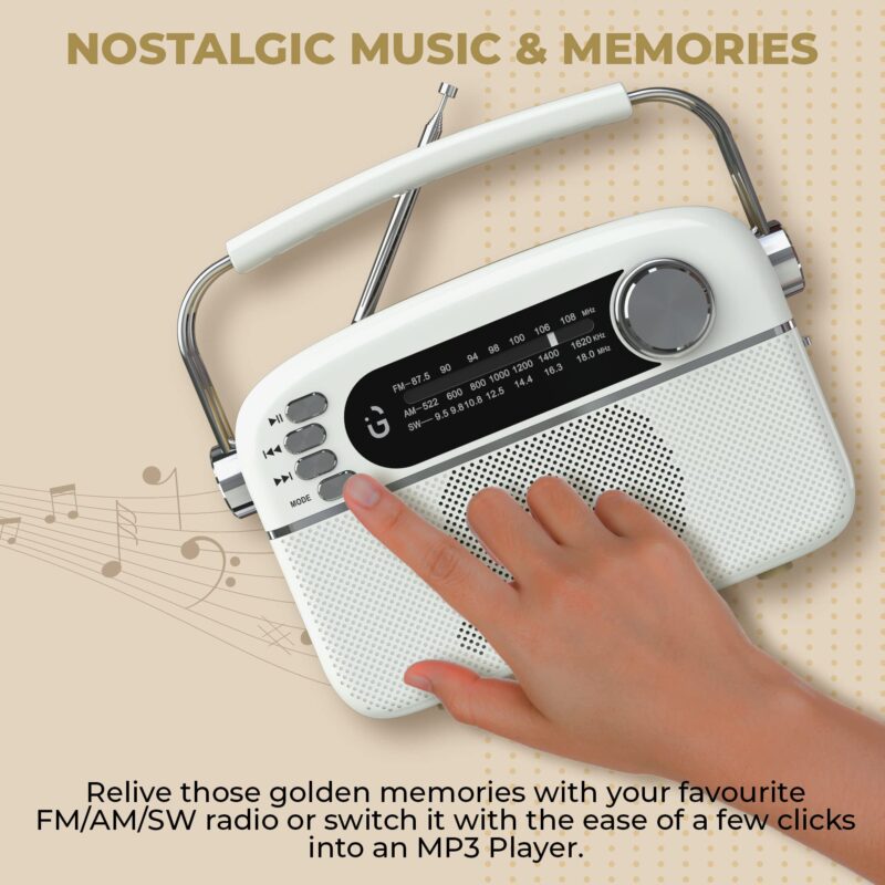 iGear Evoke Retro Modern style Radio and MP3 player with FM/AM/SW, 3 bands, Bluetooth speaker, USB, TF/SD Card, 1200mAh rechargeable battery, Solar charger, Material ABS and Metal, Colour Pearl White and Champagne Gold, 1 Year Free replacement warranty. - Image 3