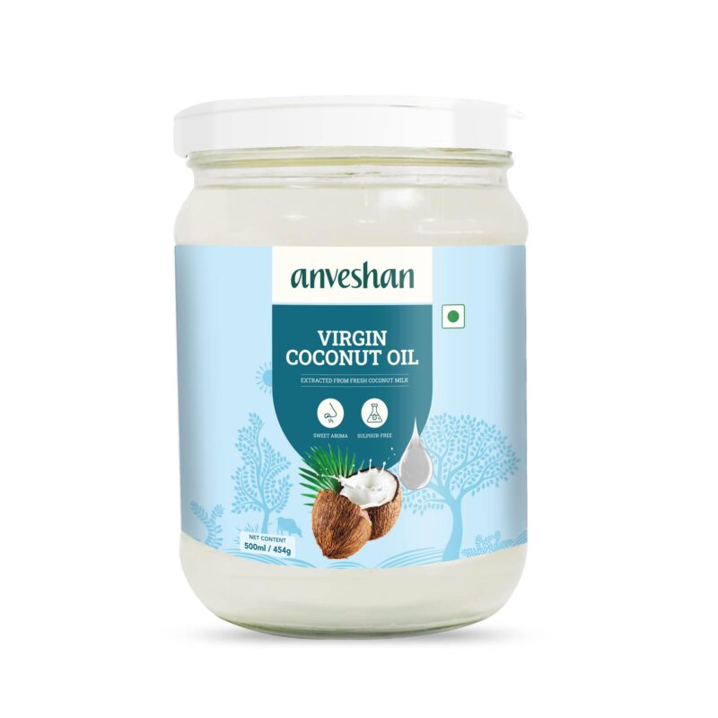 Anveshan Cold Pressed Virgin Coconut Oil 500ML | Glass Jar | Virgin Coconut Oil for Cooking | Virgin Coconut oil for massage | 100% Pure, Natural,Chemical-Free & Edible Coconut Oil | For Cooking, Skin & Hair Health, Oil Pulling