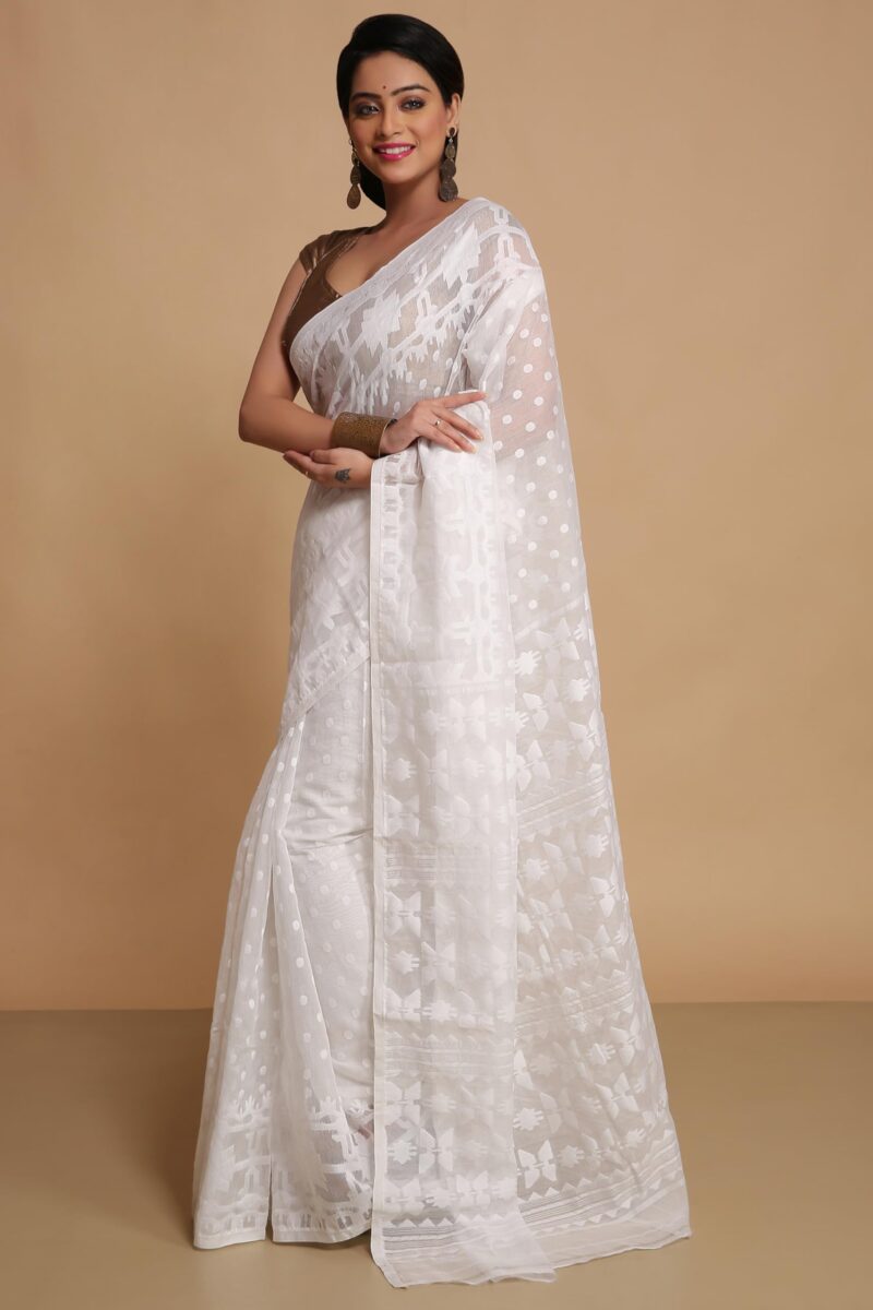 BENGAL HANDLOOM Women'S Cotton Silk Dhakai Softs Vojadi Dhakai Jamdani Sarees (Wite White) - Image 4