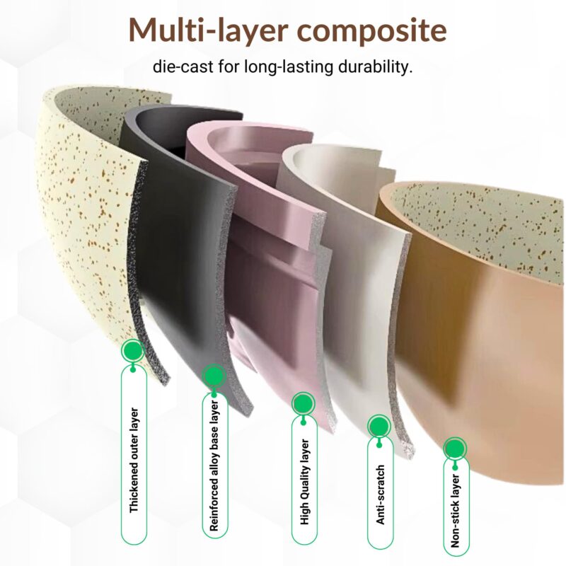 HomeEssentials Non Stick Maifan Stone Frying Pan - Fry Pan with Lid & Wooden Handle/Pre Seasoned 5 Layer Maifan Medical Stone Pan/All Gas & Induction Compatible/Chemical Coating Free,2.2 Litre - Image 3