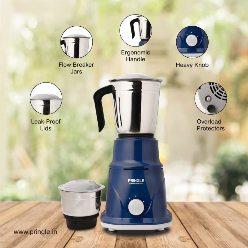 Pringle Crest 2 Jar Mixer Grinder 500W Powerful Motor[ISI] Certified-304 Grade Stainless Steel Blade| 2 Stainless Steel Jars(1 Litres) Chutney Jar (0.25 Litres)3 Speed -Blue - Image 5