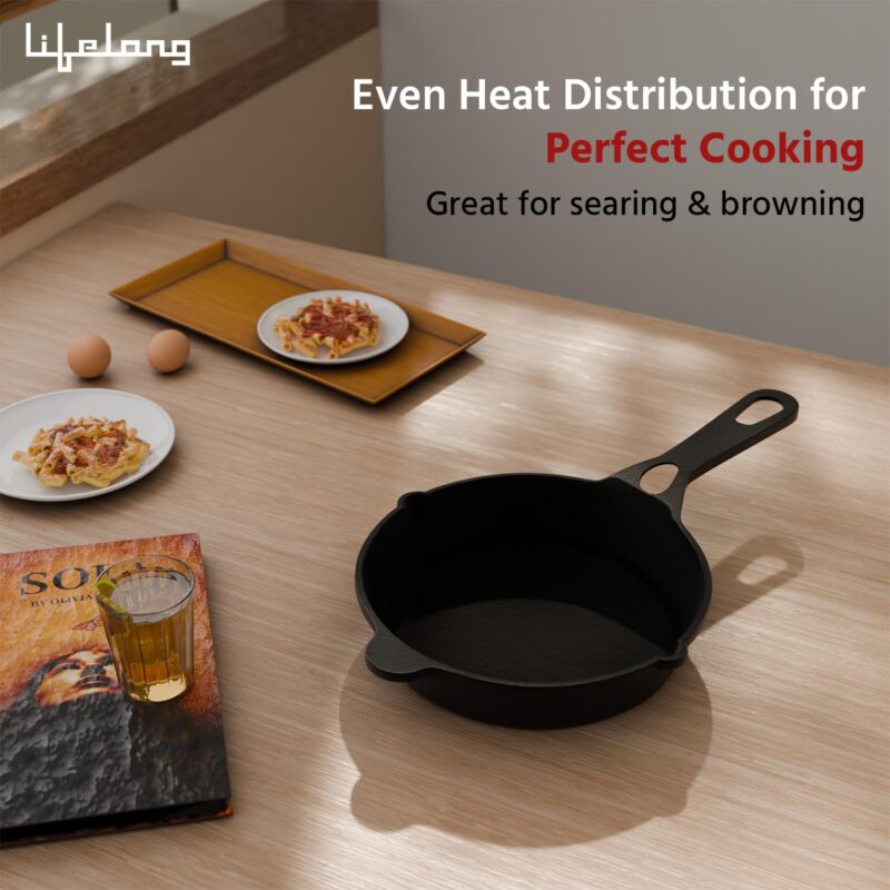 Lifelong Cast Iron Fry Pan 8 Inch (20mm) with Wooden Spatula | 2Ltr, 3kg Pan | Non-Stick Pre-Seasoned 100% Toxin & Teflon Free & Durable | Skillet for Cooking, Searing, Sautéing, & Frying - Image 4