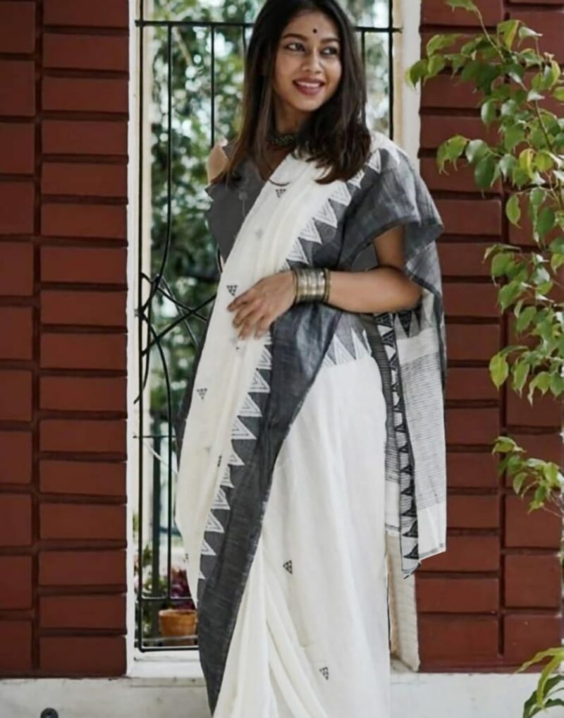 SIRIL Women's Cotton Silk Jamdani Jacquard Saree With Unstitched Blouse Piece (3684S132_White Black) - Image 7