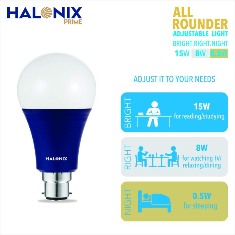 Halonix All Rounder Base B22D 15W,8W,0.5W Multi Wattage Adjustable Light Led Bulb (Pack Of 1, White & Yellow) - Image 5