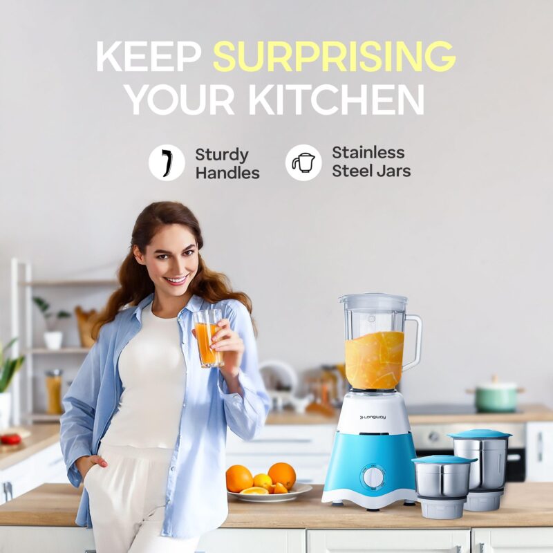 Longway Super Dlx 750 Watt Juicer Mixer Grinder with 4 Jars for Grinding, Mixing, Juicing with Powerful Motor | 1 Year Warranty | (White & Blue, 4 Jars) - Image 5