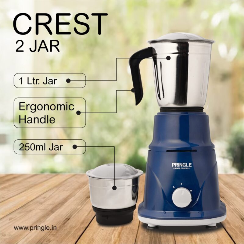 Pringle Crest 2 Jar Mixer Grinder 500W Powerful Motor[ISI] Certified-304 Grade Stainless Steel Blade| 2 Stainless Steel Jars(1 Litres) Chutney Jar (0.25 Litres)3 Speed -Blue - Image 6