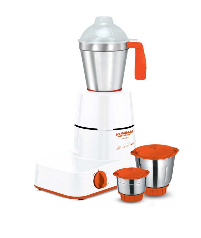 Maharaja Whiteline Stainless Steel Mx-141 Mg Novello 500-Watt Mixer Grinder, Standard, White and Orange